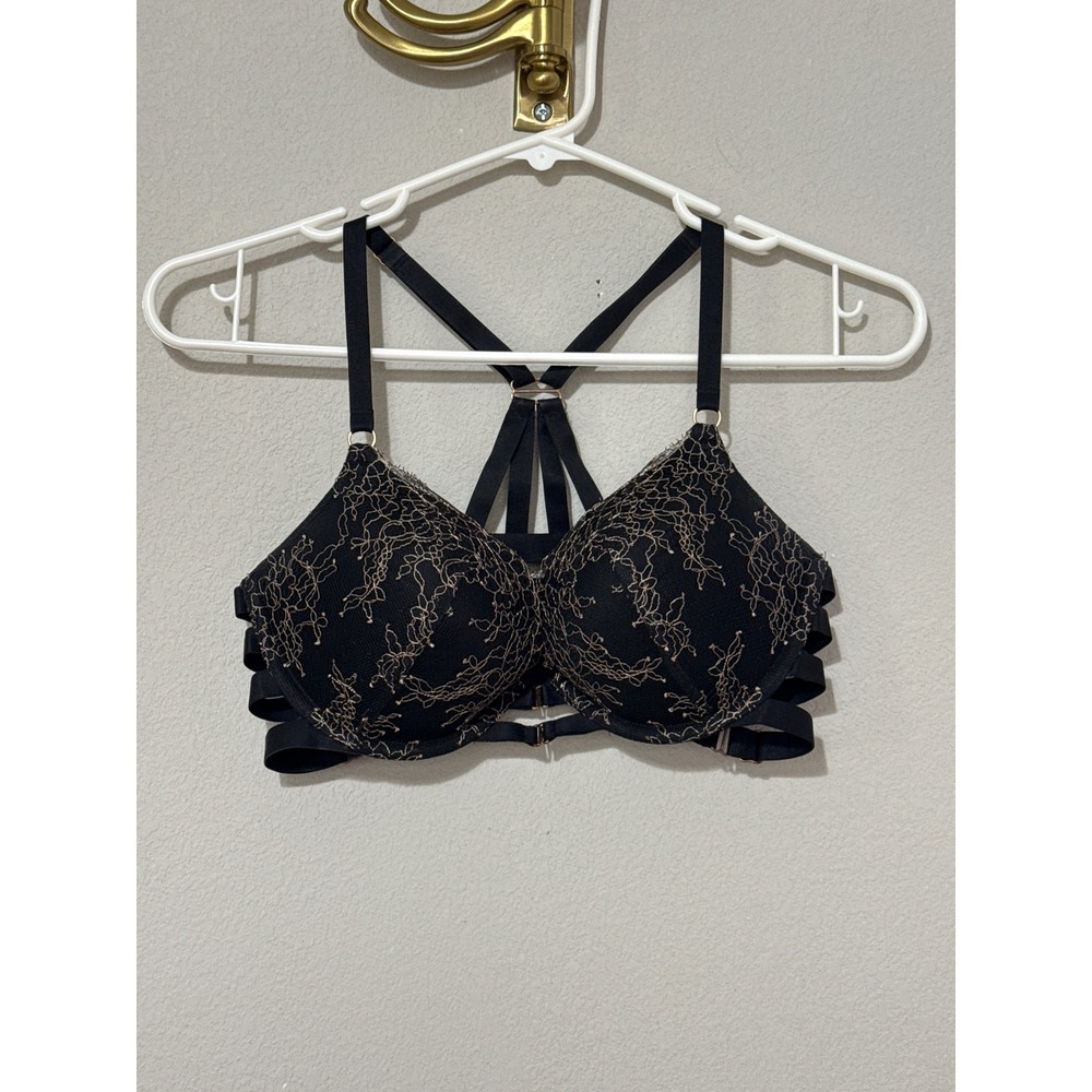 Victoria's Secret Bra Womens 32D Black Rose Gold Very Sexy Strappy Cage Push Up